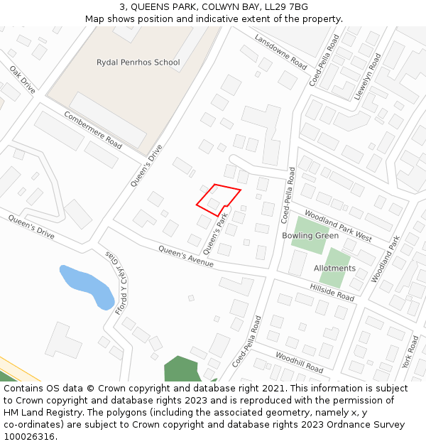 3, QUEENS PARK, COLWYN BAY, LL29 7BG: Location map and indicative extent of plot