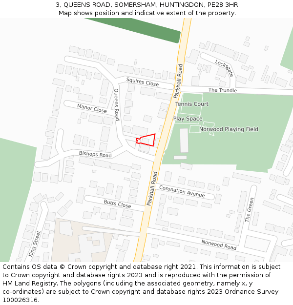 3, QUEENS ROAD, SOMERSHAM, HUNTINGDON, PE28 3HR: Location map and indicative extent of plot