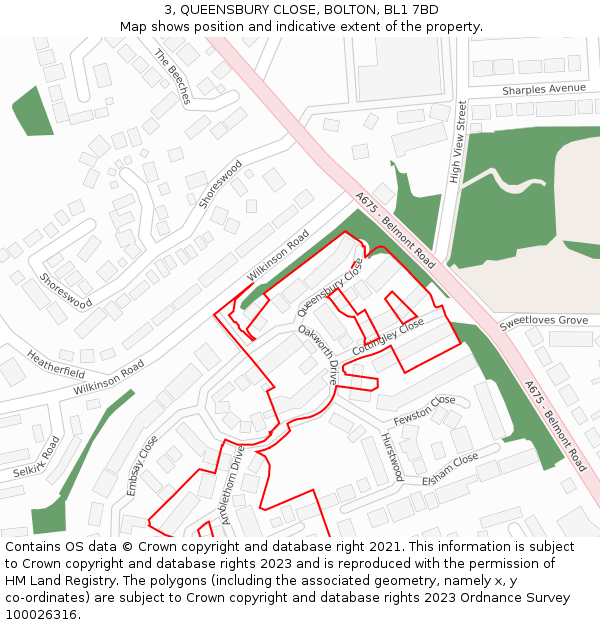 3, QUEENSBURY CLOSE, BOLTON, BL1 7BD: Location map and indicative extent of plot