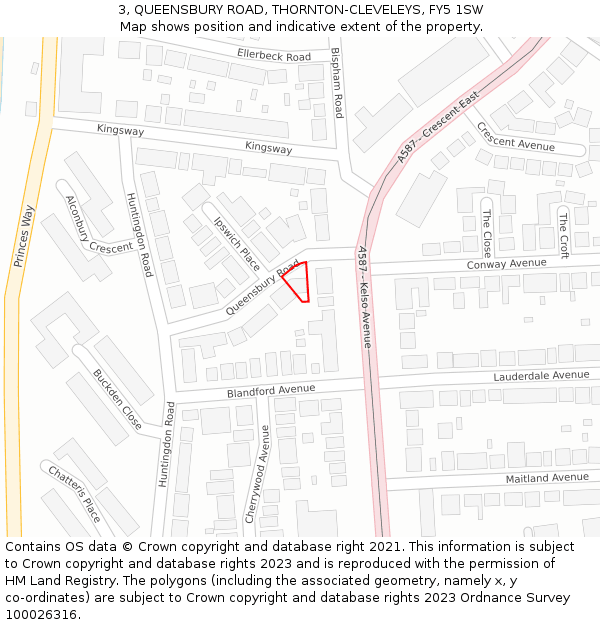 3, QUEENSBURY ROAD, THORNTON-CLEVELEYS, FY5 1SW: Location map and indicative extent of plot