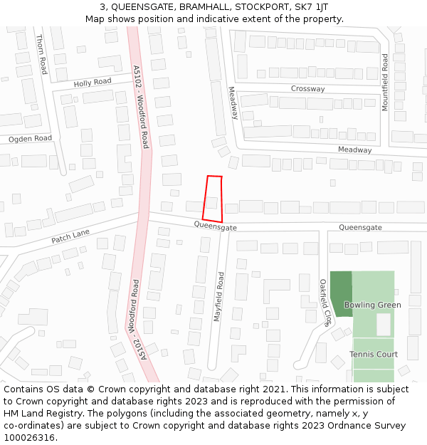 3, QUEENSGATE, BRAMHALL, STOCKPORT, SK7 1JT: Location map and indicative extent of plot