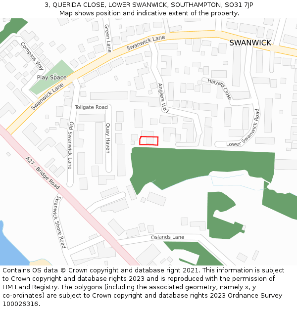 3, QUERIDA CLOSE, LOWER SWANWICK, SOUTHAMPTON, SO31 7JP: Location map and indicative extent of plot
