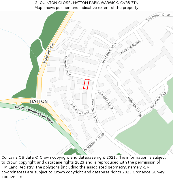 3, QUINTON CLOSE, HATTON PARK, WARWICK, CV35 7TN: Location map and indicative extent of plot