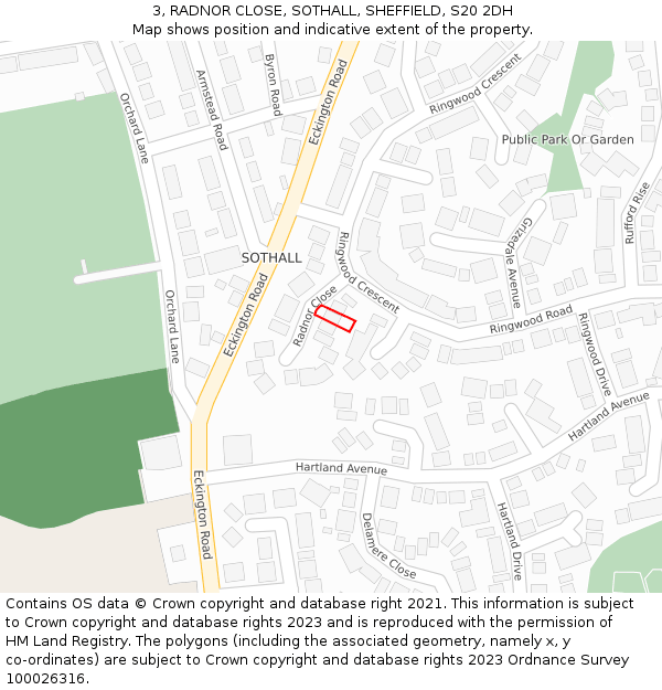 3, RADNOR CLOSE, SOTHALL, SHEFFIELD, S20 2DH: Location map and indicative extent of plot