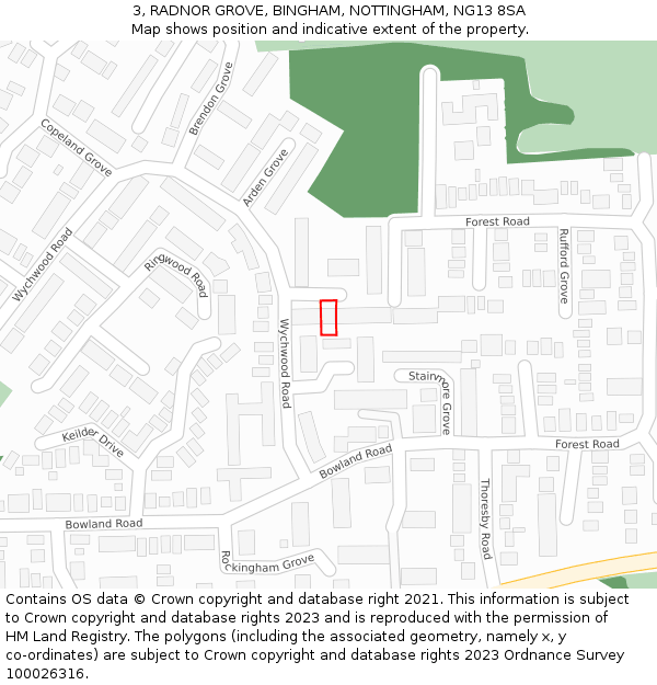 3, RADNOR GROVE, BINGHAM, NOTTINGHAM, NG13 8SA: Location map and indicative extent of plot