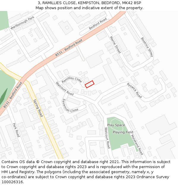 3, RAMILLIES CLOSE, KEMPSTON, BEDFORD, MK42 8SP: Location map and indicative extent of plot