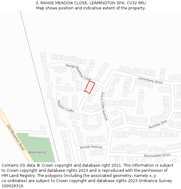 3, RANGE MEADOW CLOSE, LEAMINGTON SPA, CV32 6RU: Location map and indicative extent of plot