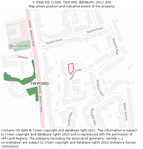 3, RAWLINS CLOSE, TWYFORD, BANBURY, OX17 3HS: Location map and indicative extent of plot