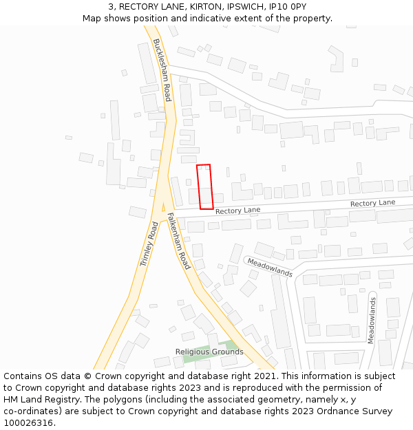 3, RECTORY LANE, KIRTON, IPSWICH, IP10 0PY: Location map and indicative extent of plot