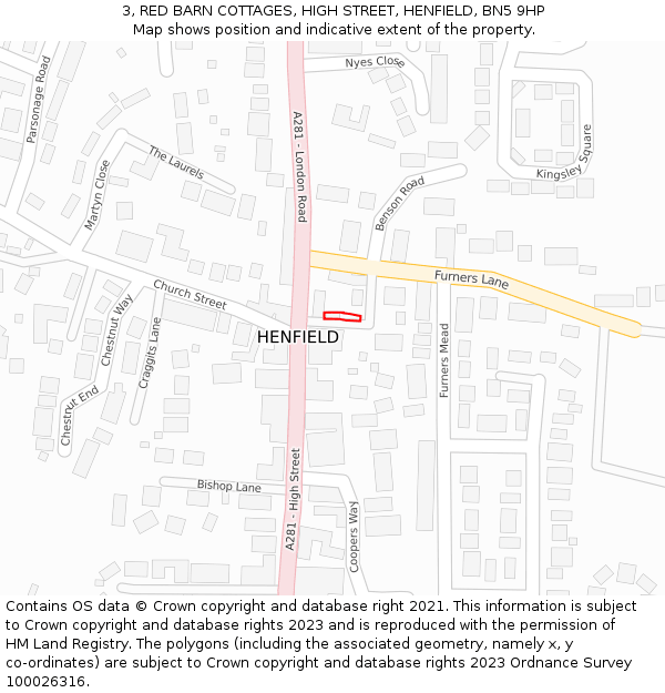 3, RED BARN COTTAGES, HIGH STREET, HENFIELD, BN5 9HP: Location map and indicative extent of plot