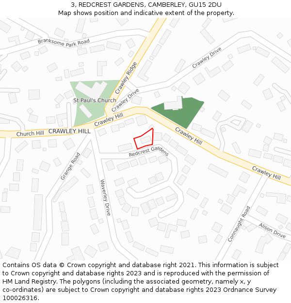 3, REDCREST GARDENS, CAMBERLEY, GU15 2DU: Location map and indicative extent of plot