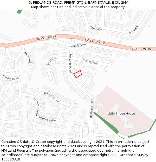 3, REDLANDS ROAD, FREMINGTON, BARNSTAPLE, EX31 2NY: Location map and indicative extent of plot