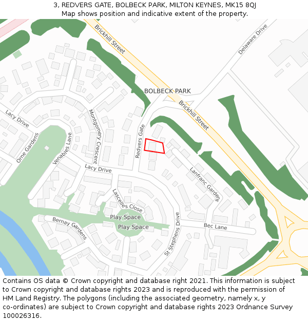 3, REDVERS GATE, BOLBECK PARK, MILTON KEYNES, MK15 8QJ: Location map and indicative extent of plot