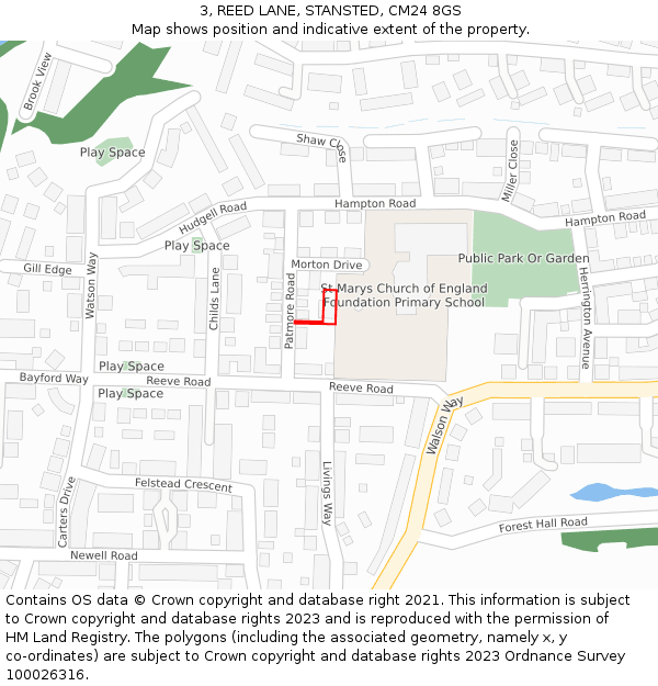 3, REED LANE, STANSTED, CM24 8GS: Location map and indicative extent of plot