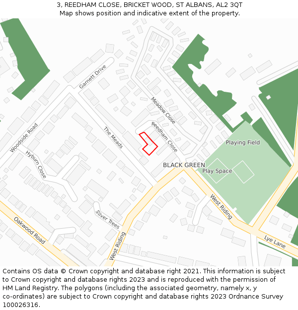 3, REEDHAM CLOSE, BRICKET WOOD, ST ALBANS, AL2 3QT: Location map and indicative extent of plot