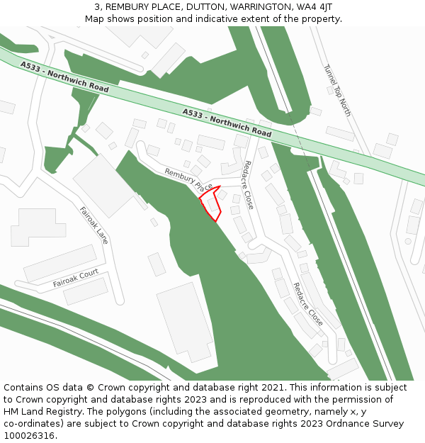 3, REMBURY PLACE, DUTTON, WARRINGTON, WA4 4JT: Location map and indicative extent of plot