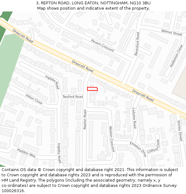3, REPTON ROAD, LONG EATON, NOTTINGHAM, NG10 3BU: Location map and indicative extent of plot