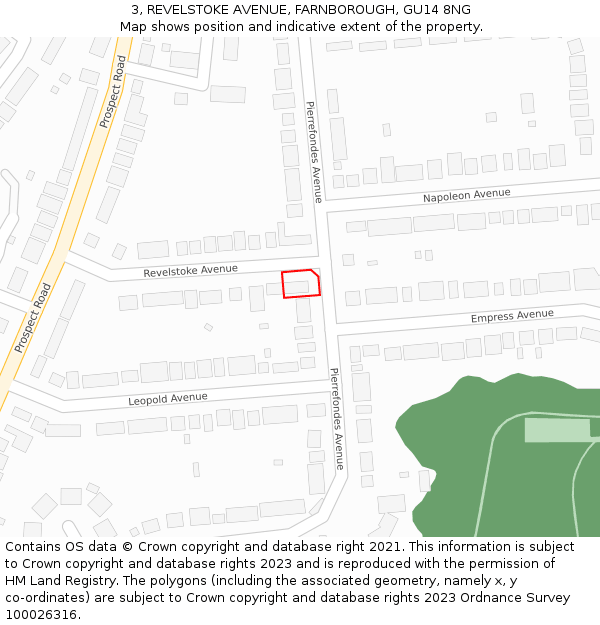 3, REVELSTOKE AVENUE, FARNBOROUGH, GU14 8NG: Location map and indicative extent of plot