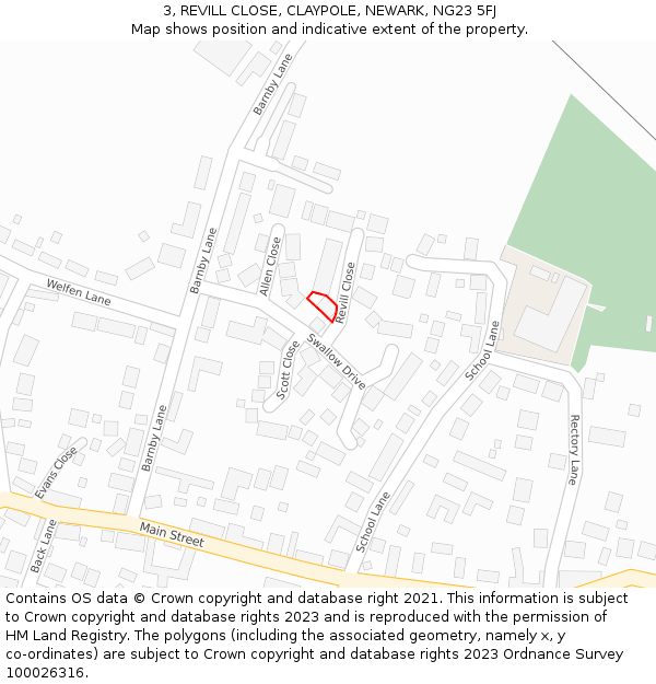 3, REVILL CLOSE, CLAYPOLE, NEWARK, NG23 5FJ: Location map and indicative extent of plot