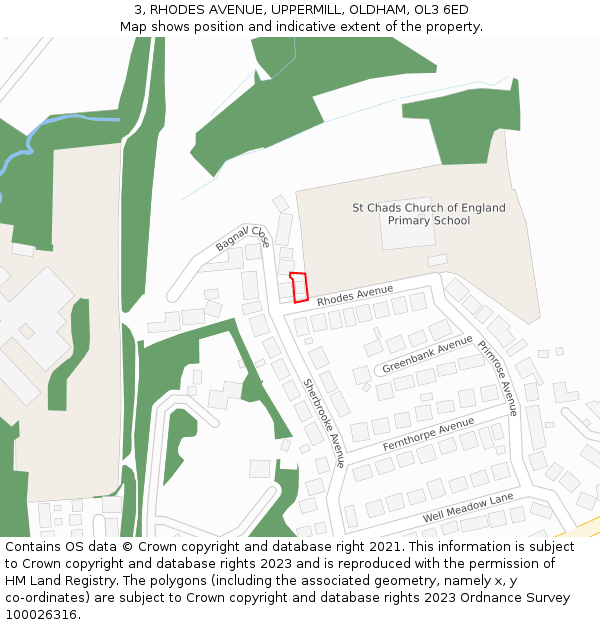 3, RHODES AVENUE, UPPERMILL, OLDHAM, OL3 6ED: Location map and indicative extent of plot