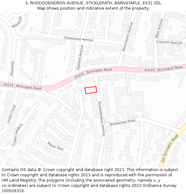 3, RHODODENDRON AVENUE, STICKLEPATH, BARNSTAPLE, EX31 2DL: Location map and indicative extent of plot