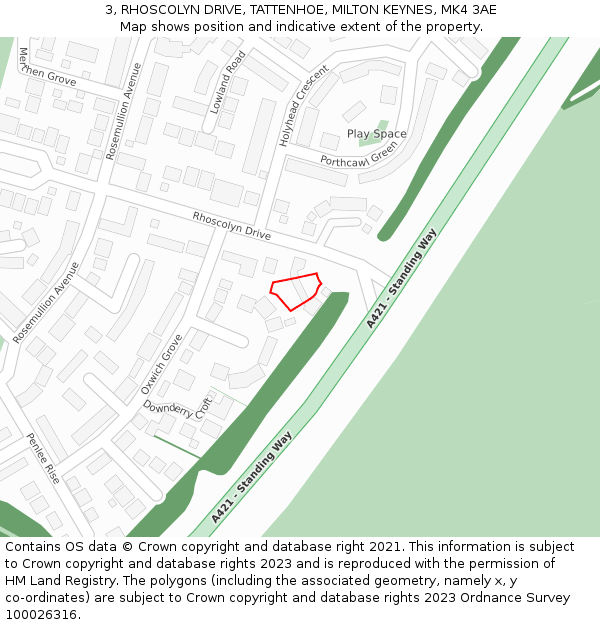 3, RHOSCOLYN DRIVE, TATTENHOE, MILTON KEYNES, MK4 3AE: Location map and indicative extent of plot