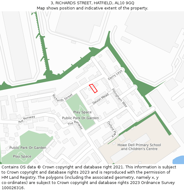 3, RICHARDS STREET, HATFIELD, AL10 9GQ: Location map and indicative extent of plot