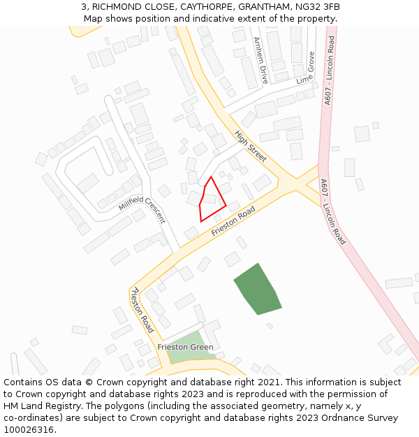 3, RICHMOND CLOSE, CAYTHORPE, GRANTHAM, NG32 3FB: Location map and indicative extent of plot