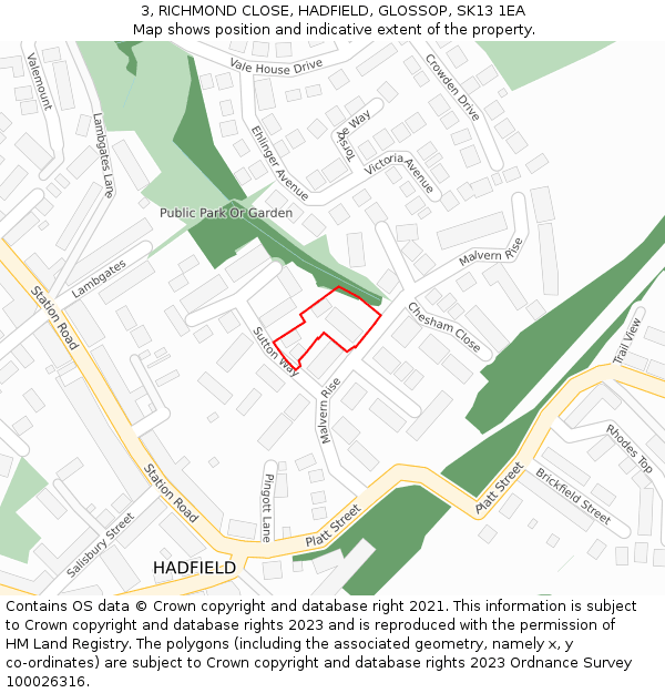 3, RICHMOND CLOSE, HADFIELD, GLOSSOP, SK13 1EA: Location map and indicative extent of plot