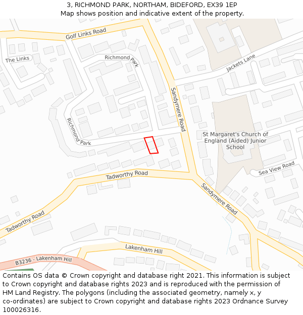 3, RICHMOND PARK, NORTHAM, BIDEFORD, EX39 1EP: Location map and indicative extent of plot