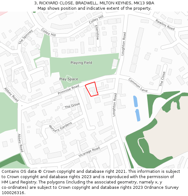 3, RICKYARD CLOSE, BRADWELL, MILTON KEYNES, MK13 9BA: Location map and indicative extent of plot