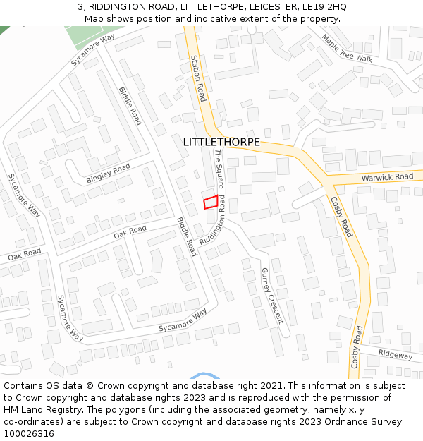 3, RIDDINGTON ROAD, LITTLETHORPE, LEICESTER, LE19 2HQ: Location map and indicative extent of plot