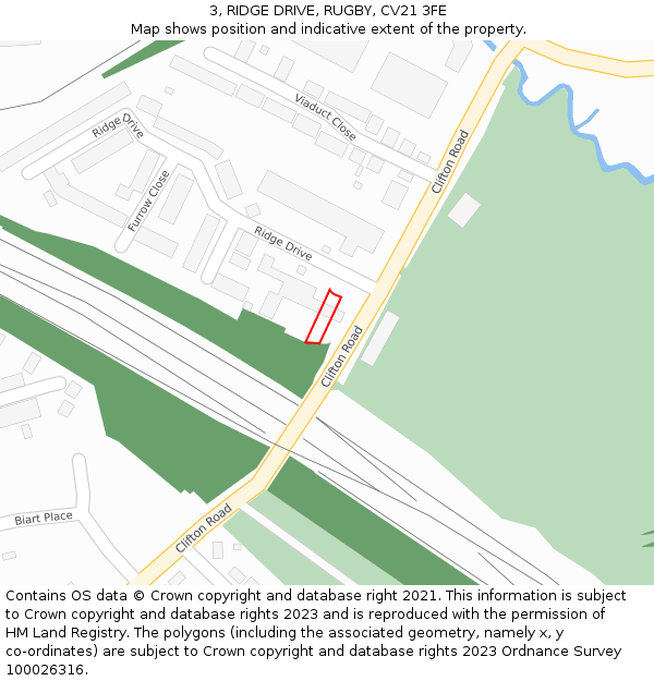 3, RIDGE DRIVE, RUGBY, CV21 3FE: Location map and indicative extent of plot