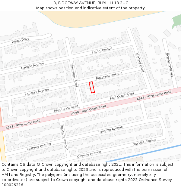 3, RIDGEWAY AVENUE, RHYL, LL18 3UG: Location map and indicative extent of plot