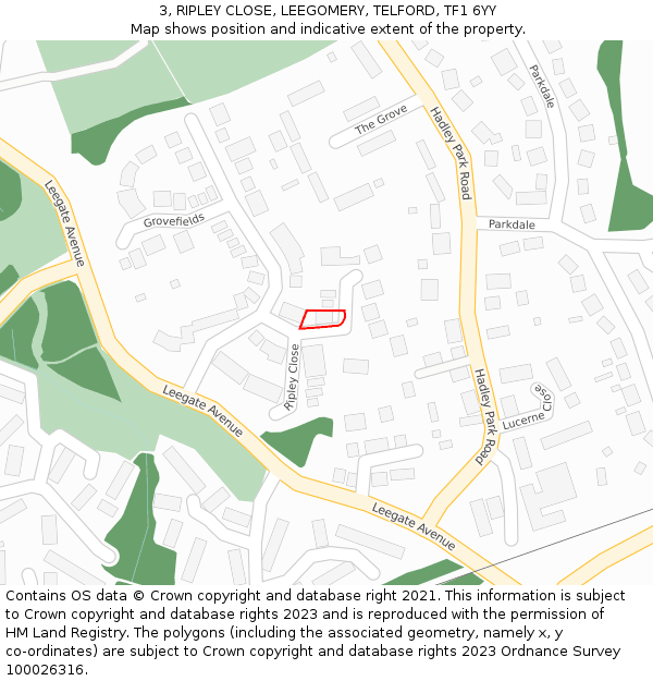3, RIPLEY CLOSE, LEEGOMERY, TELFORD, TF1 6YY: Location map and indicative extent of plot