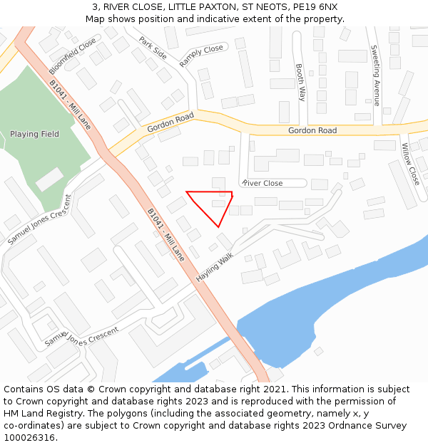 3, RIVER CLOSE, LITTLE PAXTON, ST NEOTS, PE19 6NX: Location map and indicative extent of plot