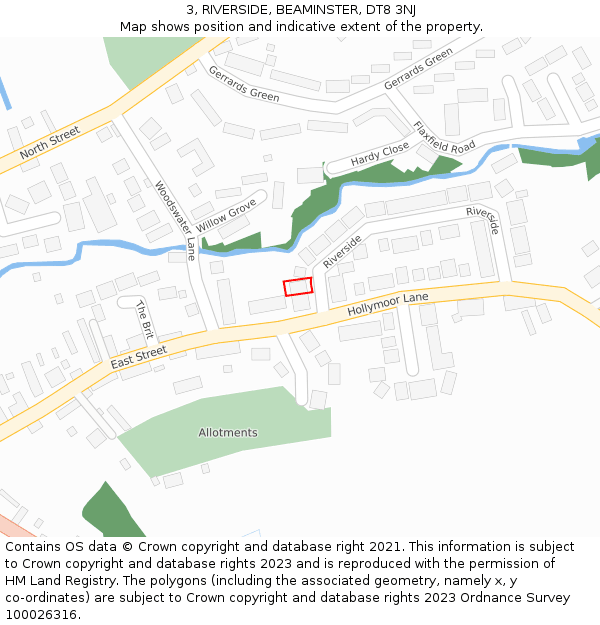 3, RIVERSIDE, BEAMINSTER, DT8 3NJ: Location map and indicative extent of plot