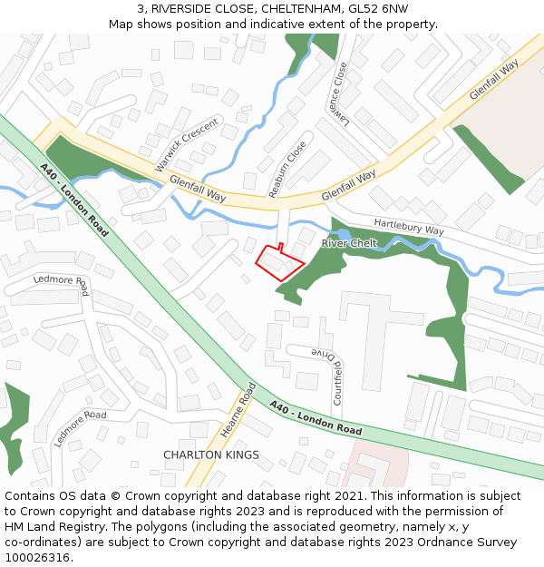 3, RIVERSIDE CLOSE, CHELTENHAM, GL52 6NW: Location map and indicative extent of plot