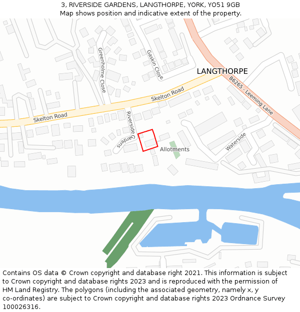 3, RIVERSIDE GARDENS, LANGTHORPE, YORK, YO51 9GB: Location map and indicative extent of plot