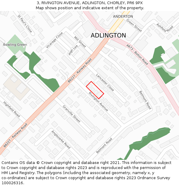 3, RIVINGTON AVENUE, ADLINGTON, CHORLEY, PR6 9PX: Location map and indicative extent of plot