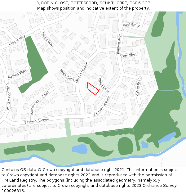 3, ROBIN CLOSE, BOTTESFORD, SCUNTHORPE, DN16 3GB: Location map and indicative extent of plot