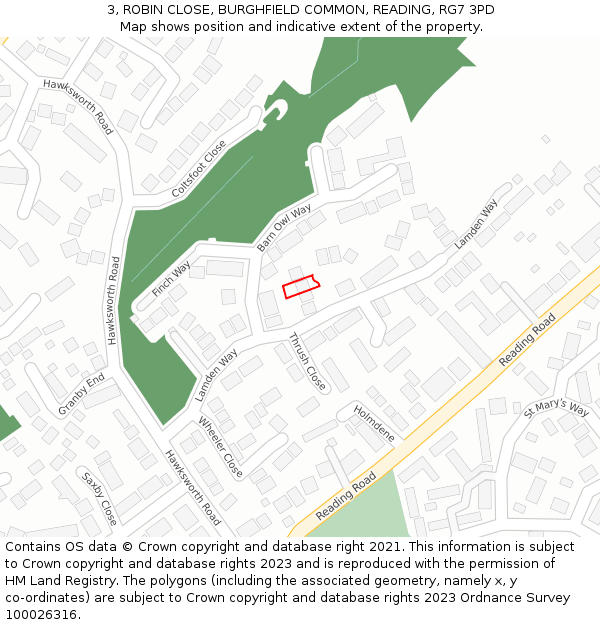 3, ROBIN CLOSE, BURGHFIELD COMMON, READING, RG7 3PD: Location map and indicative extent of plot