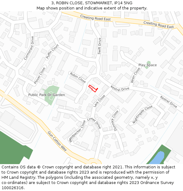 3, ROBIN CLOSE, STOWMARKET, IP14 5NG: Location map and indicative extent of plot