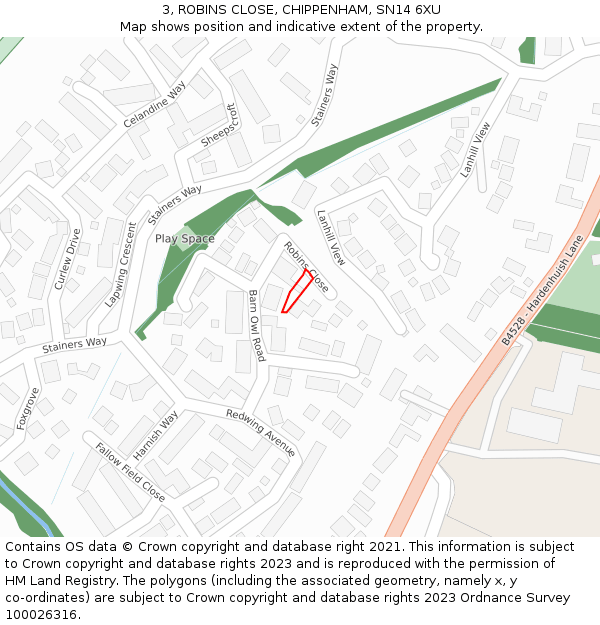 3, ROBINS CLOSE, CHIPPENHAM, SN14 6XU: Location map and indicative extent of plot