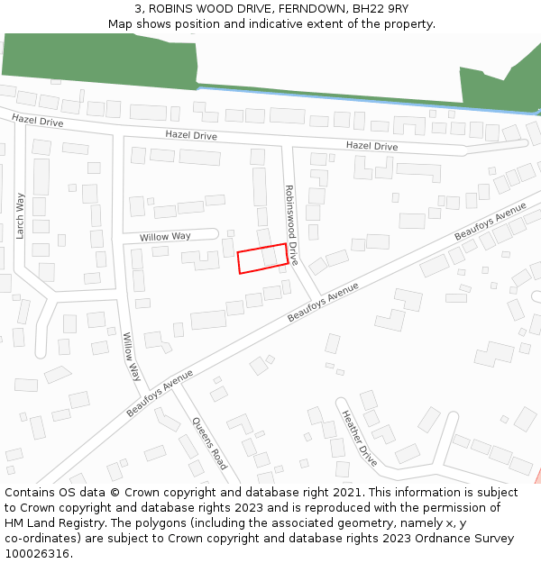 3, ROBINS WOOD DRIVE, FERNDOWN, BH22 9RY: Location map and indicative extent of plot