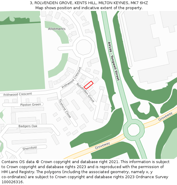 3, ROLVENDEN GROVE, KENTS HILL, MILTON KEYNES, MK7 6HZ: Location map and indicative extent of plot