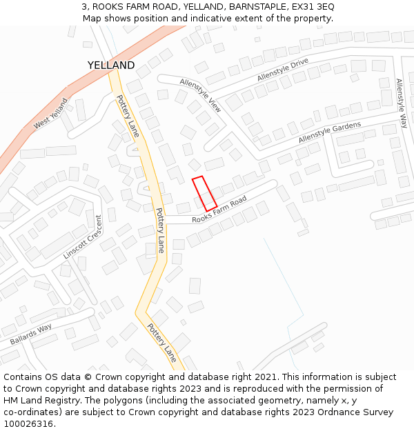 3, ROOKS FARM ROAD, YELLAND, BARNSTAPLE, EX31 3EQ: Location map and indicative extent of plot