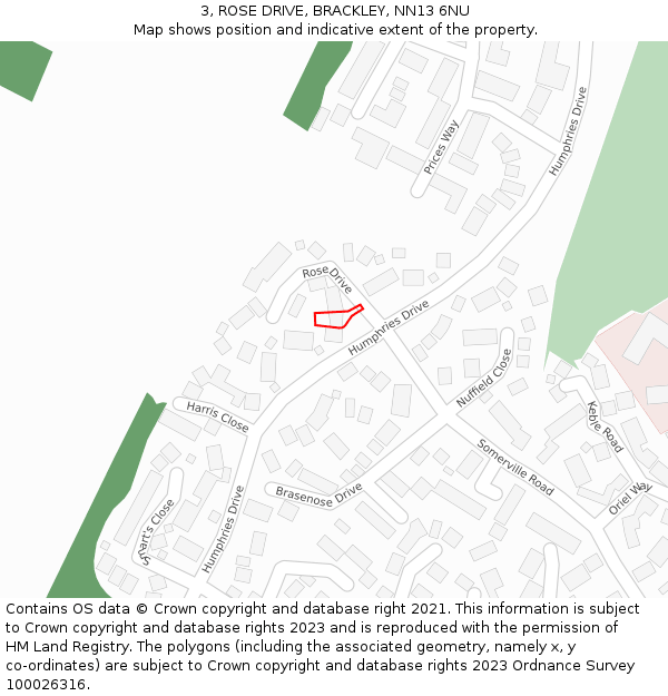 3, ROSE DRIVE, BRACKLEY, NN13 6NU: Location map and indicative extent of plot