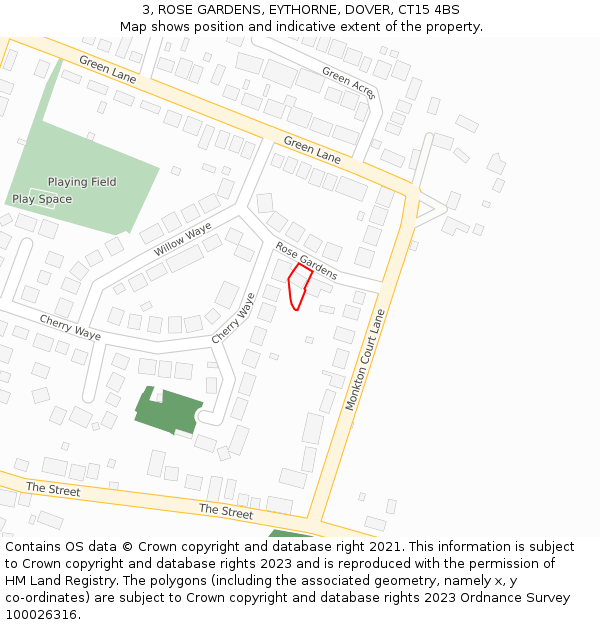 3, ROSE GARDENS, EYTHORNE, DOVER, CT15 4BS: Location map and indicative extent of plot