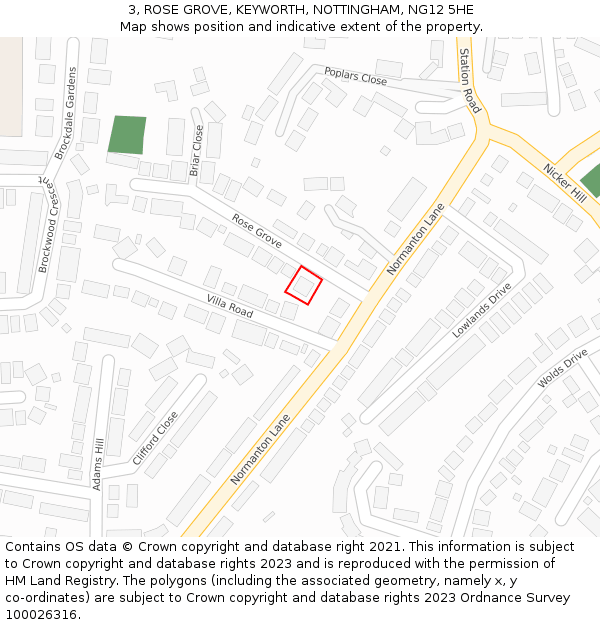 3, ROSE GROVE, KEYWORTH, NOTTINGHAM, NG12 5HE: Location map and indicative extent of plot